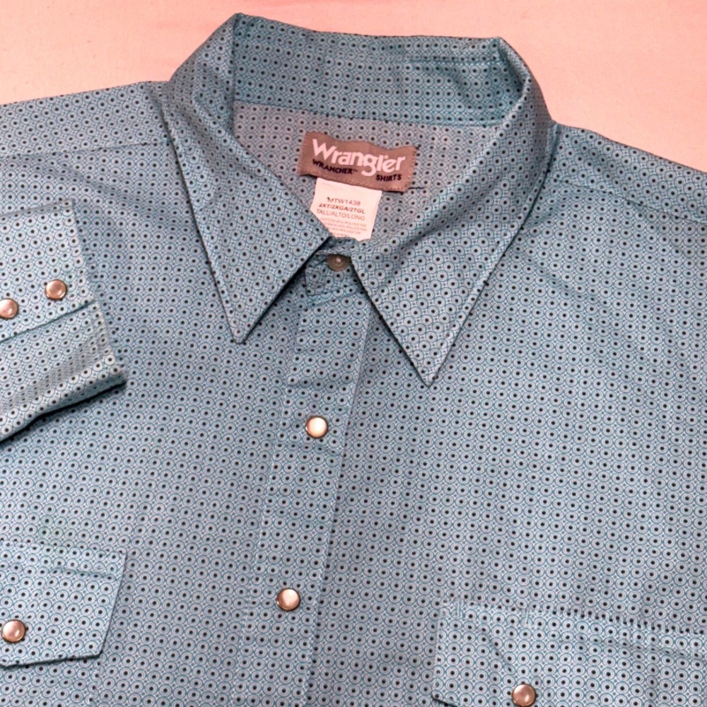 Wrangler Wrancher Shirt Mens 2XT Light Blue Geometric Pearl Snap Western MTW1438